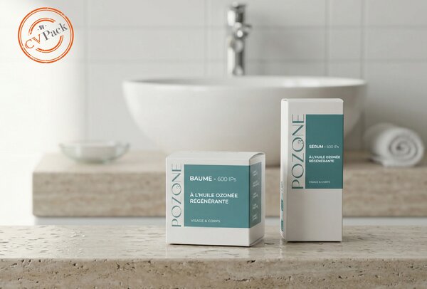 des boites de produits cosmétiques mis en situation dans une salle de bain